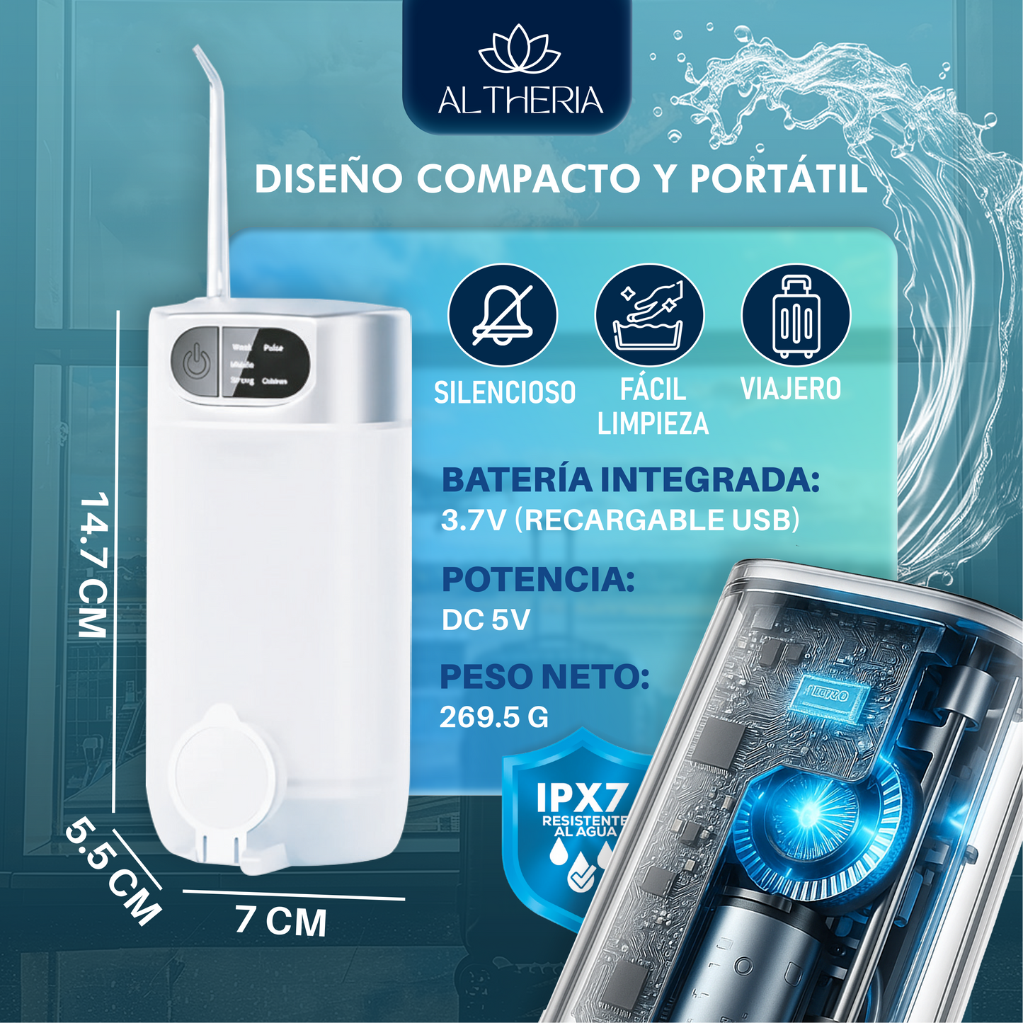 IRRIGADOR DENTAL PORTATIL DE 5 MODOS + 4 BOQUILLAS