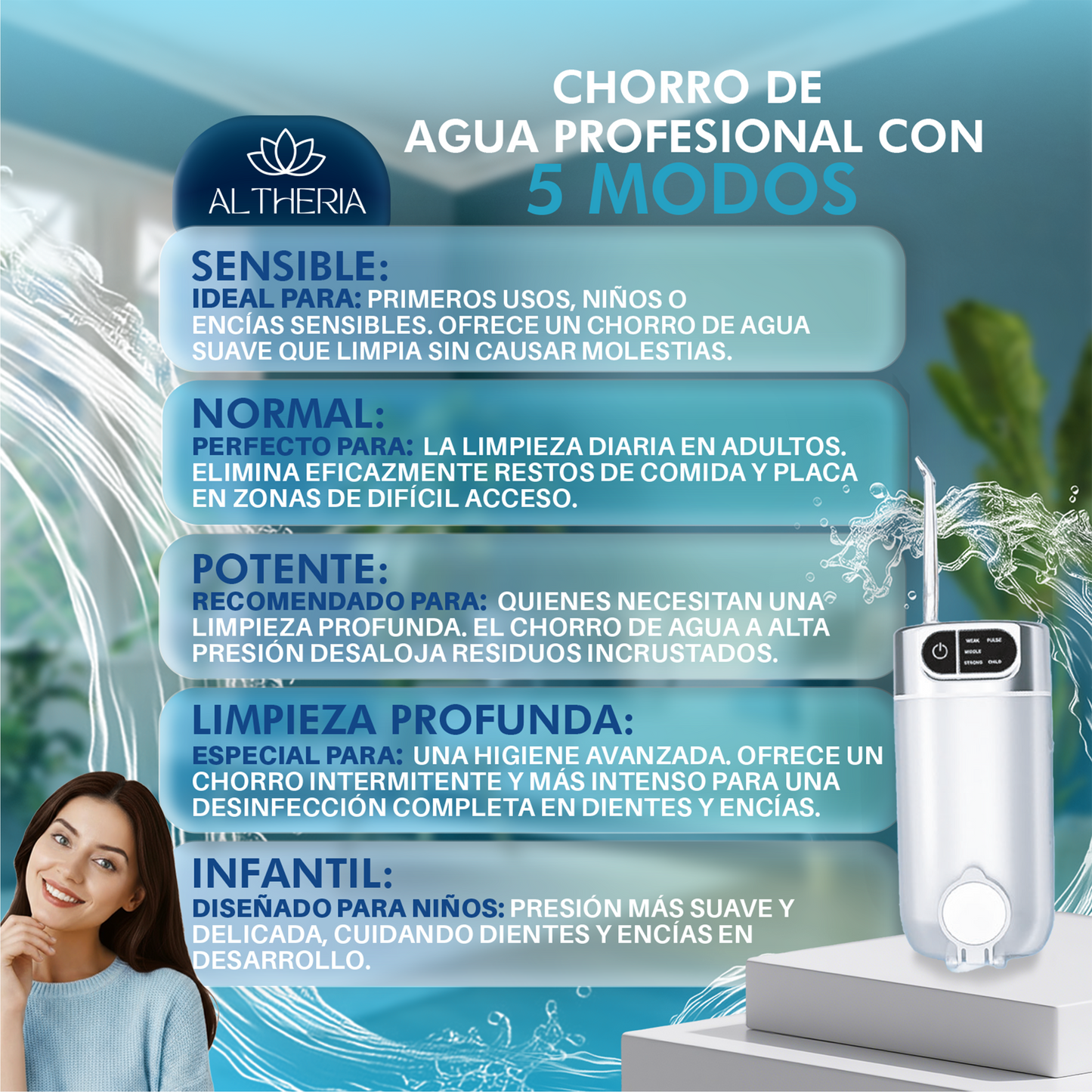 IRRIGADOR DENTAL PORTATIL DE 5 MODOS + 4 BOQUILLAS