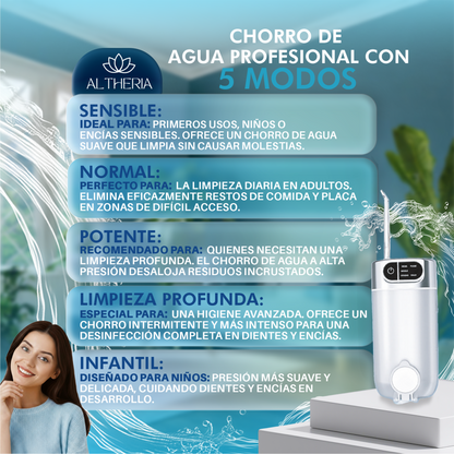 IRRIGADOR DENTAL PORTATIL DE 5 MODOS + 4 BOQUILLAS