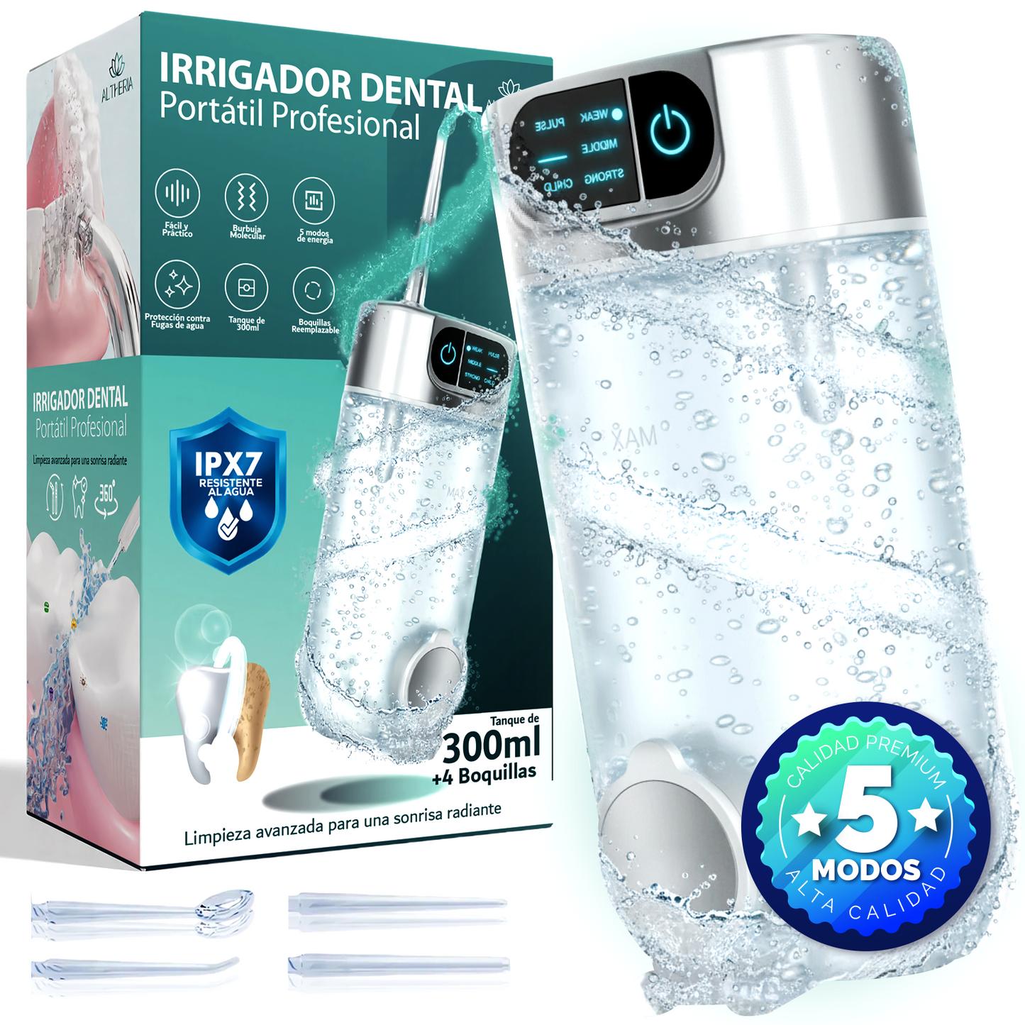 IRRIGADOR DENTAL PORTATIL DE 5 MODOS + 4 BOQUILLAS